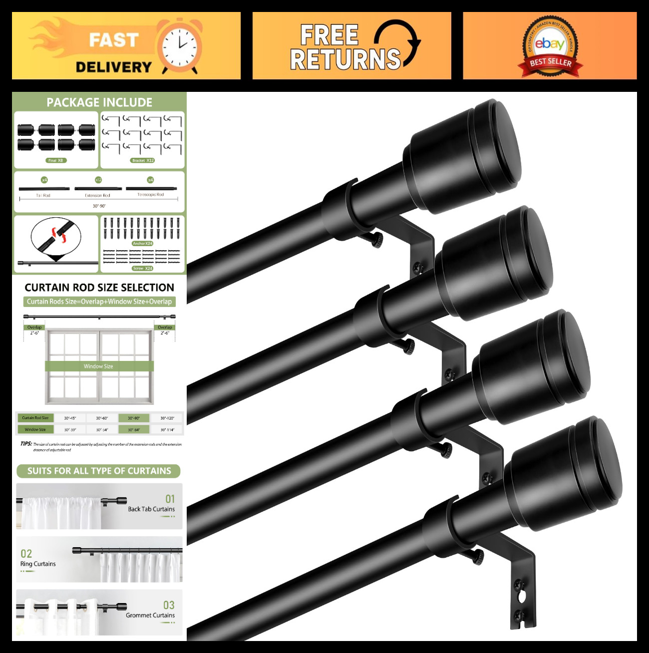 Adjustable 5/8″ Curtain Rods 30-90 Inch, Black Splicing Rods for Small Windows,