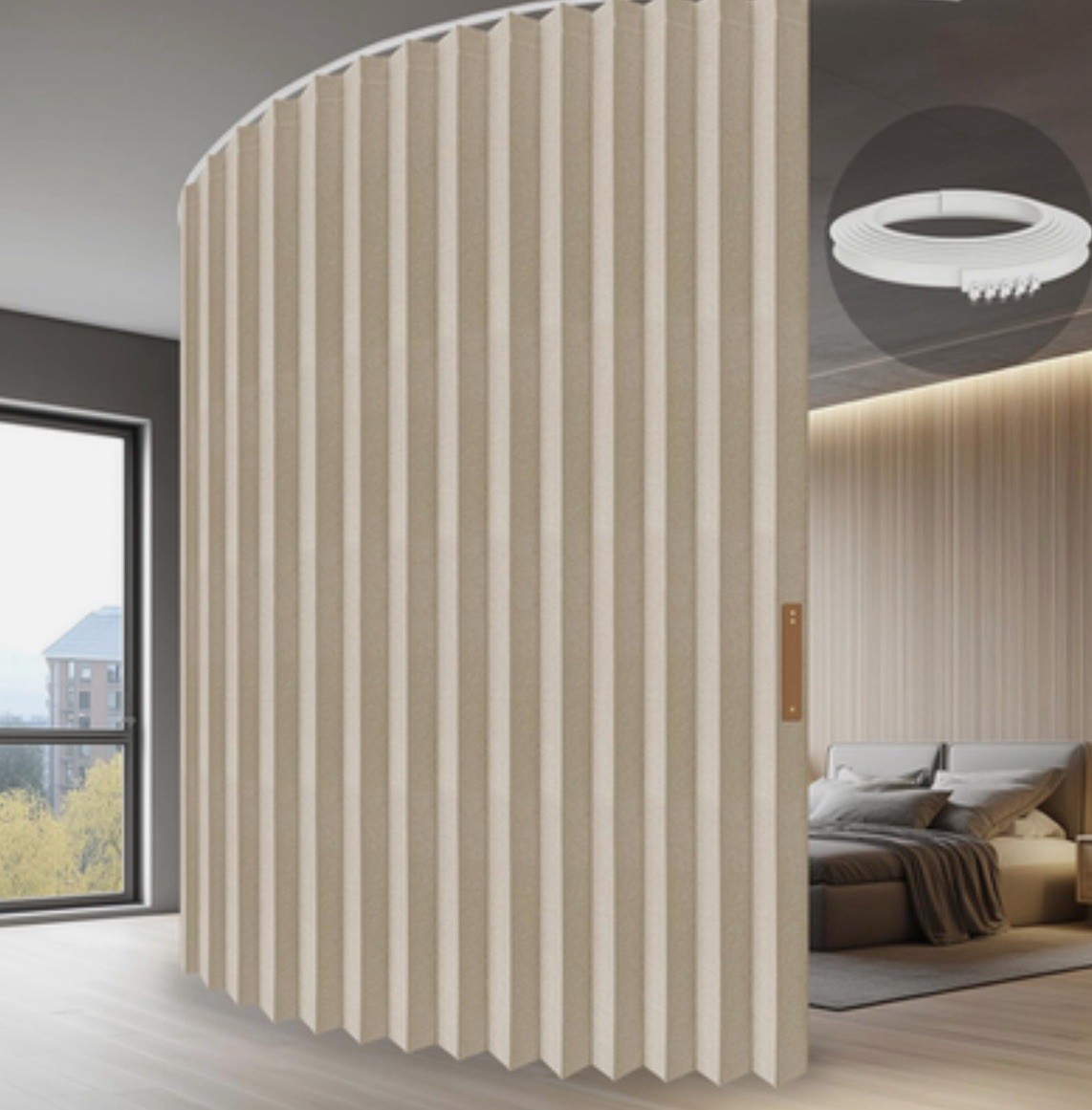 Ceiling Track Accordion Room Divider Curtain – Beige 100″ W X 84″ L