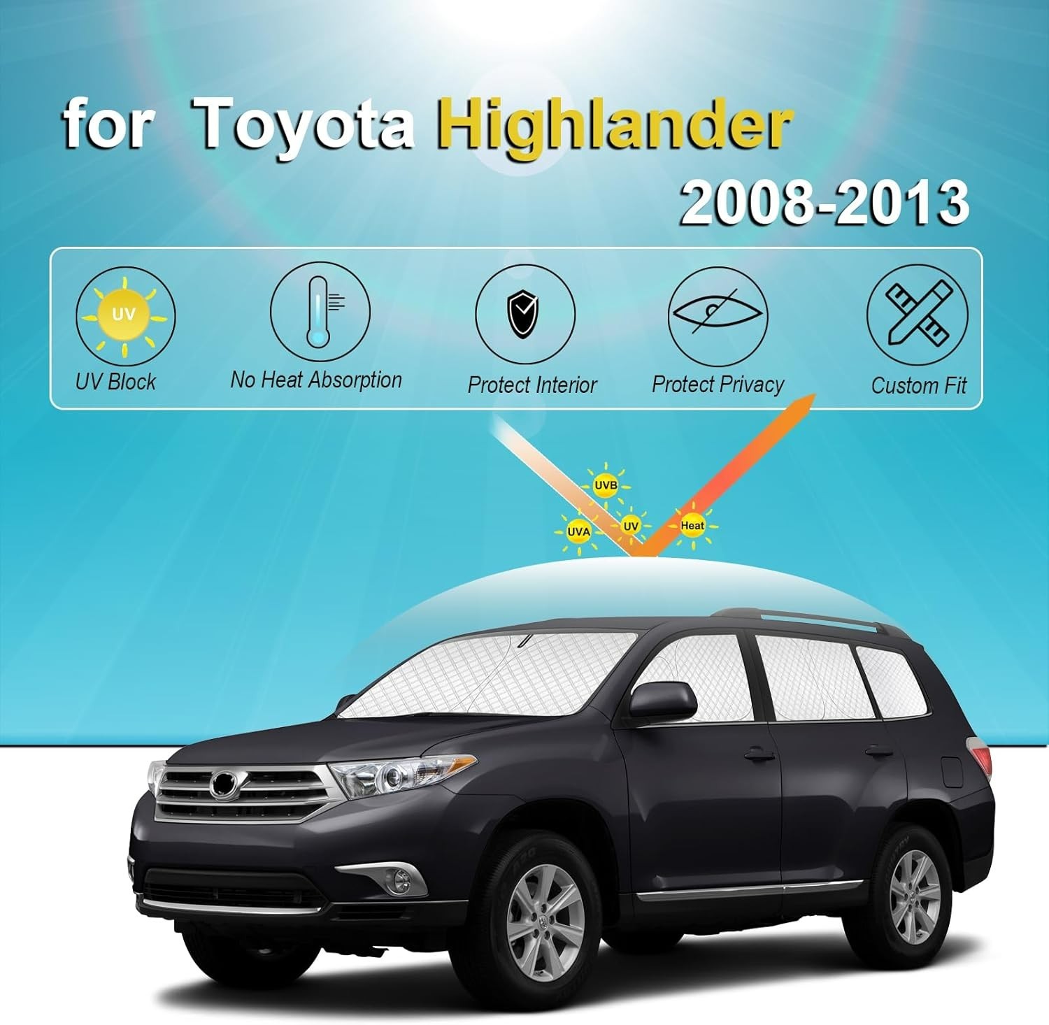 KMF 8pcs Thicken Car Sun Shades for Toyota Highlander 2008-2013 Accessories