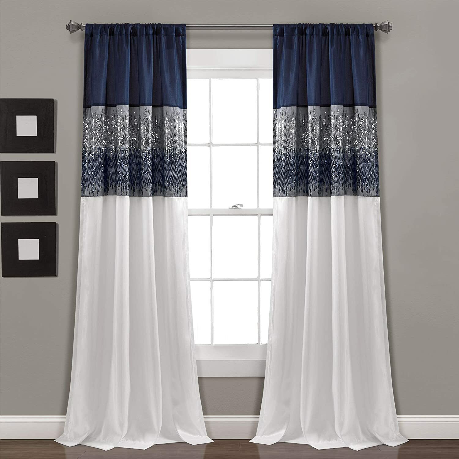 Set 2 Navy Blue White Sequin Striped Curtains Panels Drapes 84 in L Rod Pocket