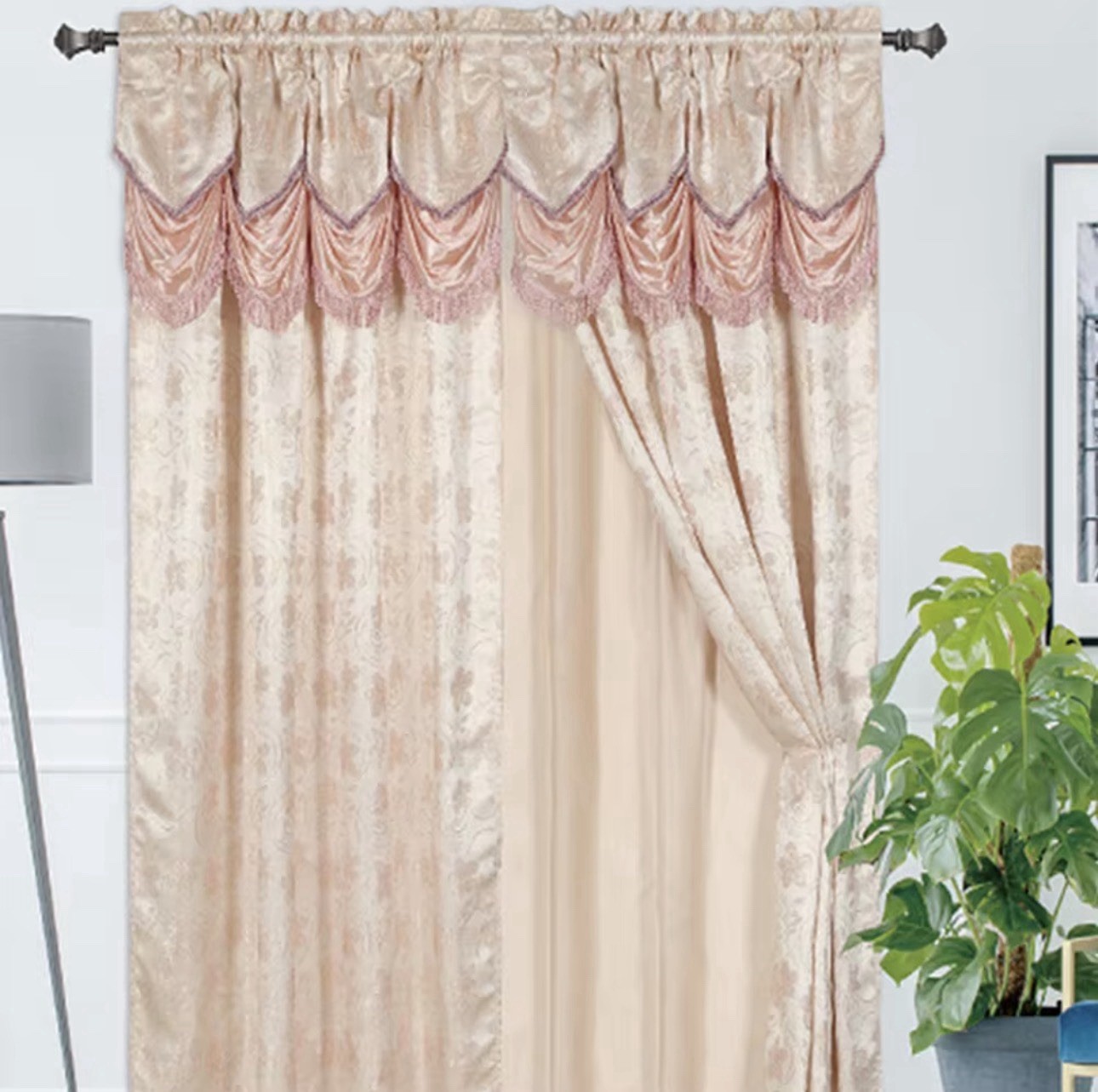 Jacquard Panel Curtains with Attached Valance, Multi-Color, 2 Piece Set