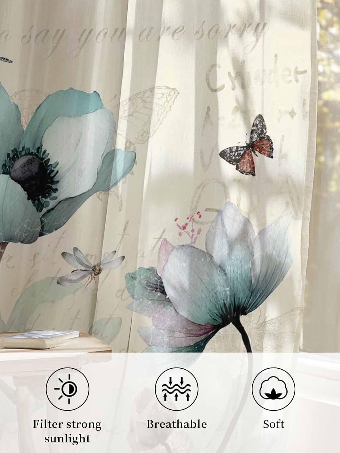Voile Chiffon Window Curtains Aqua Blue Brown Flower Floral Letter Stamp 72″