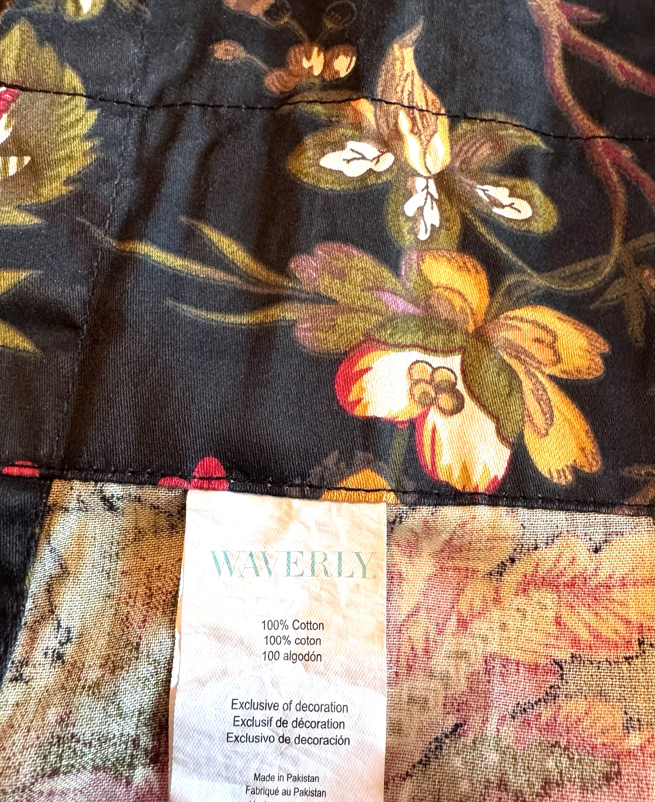 Waverly Felicite Noir Scallop Pocket Valance Cotton Black Floral 48X18 Unlined