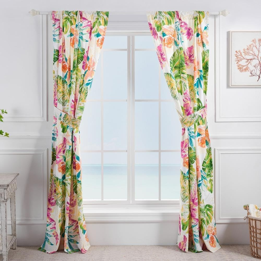 Tropical Curtain Panel Set 84 x 84 Inch Lined Window Drapes with Tie Backs Pair