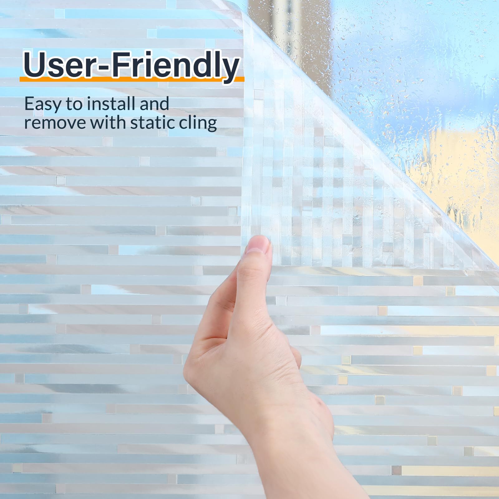 rabbitgoo Window Film Striped with Rainbow Square Static Cling Glass Covering