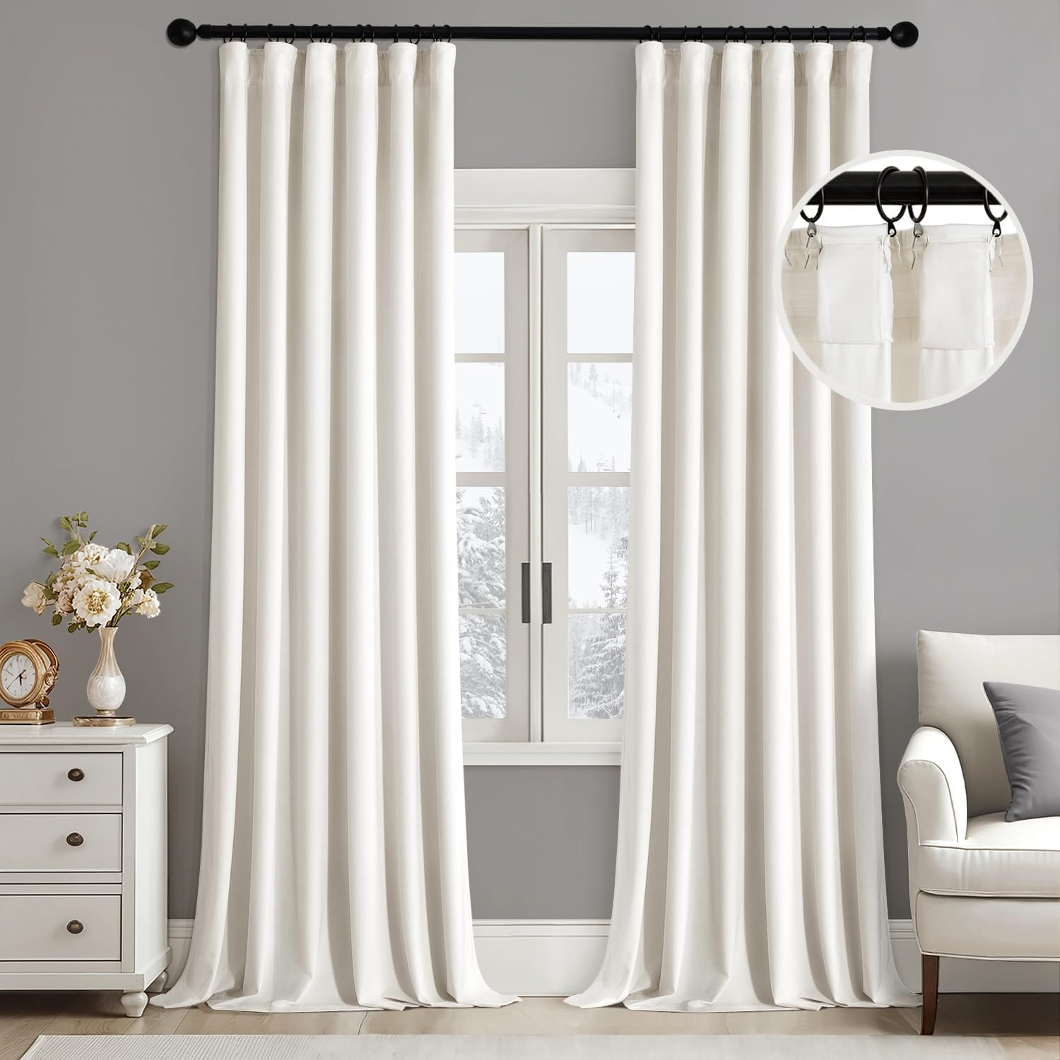 MIULEE Velvet Curtains 96 Inches Long 2 Panels Set for Living Room Bedroom Cream
