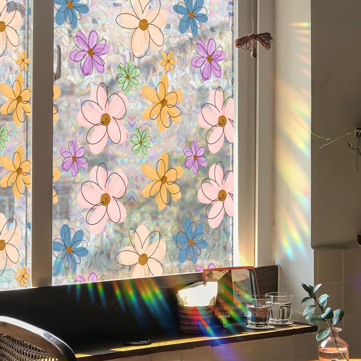 Runtoo Window Privacy Film Rainbow Daisy Flower 15.75*40 in,