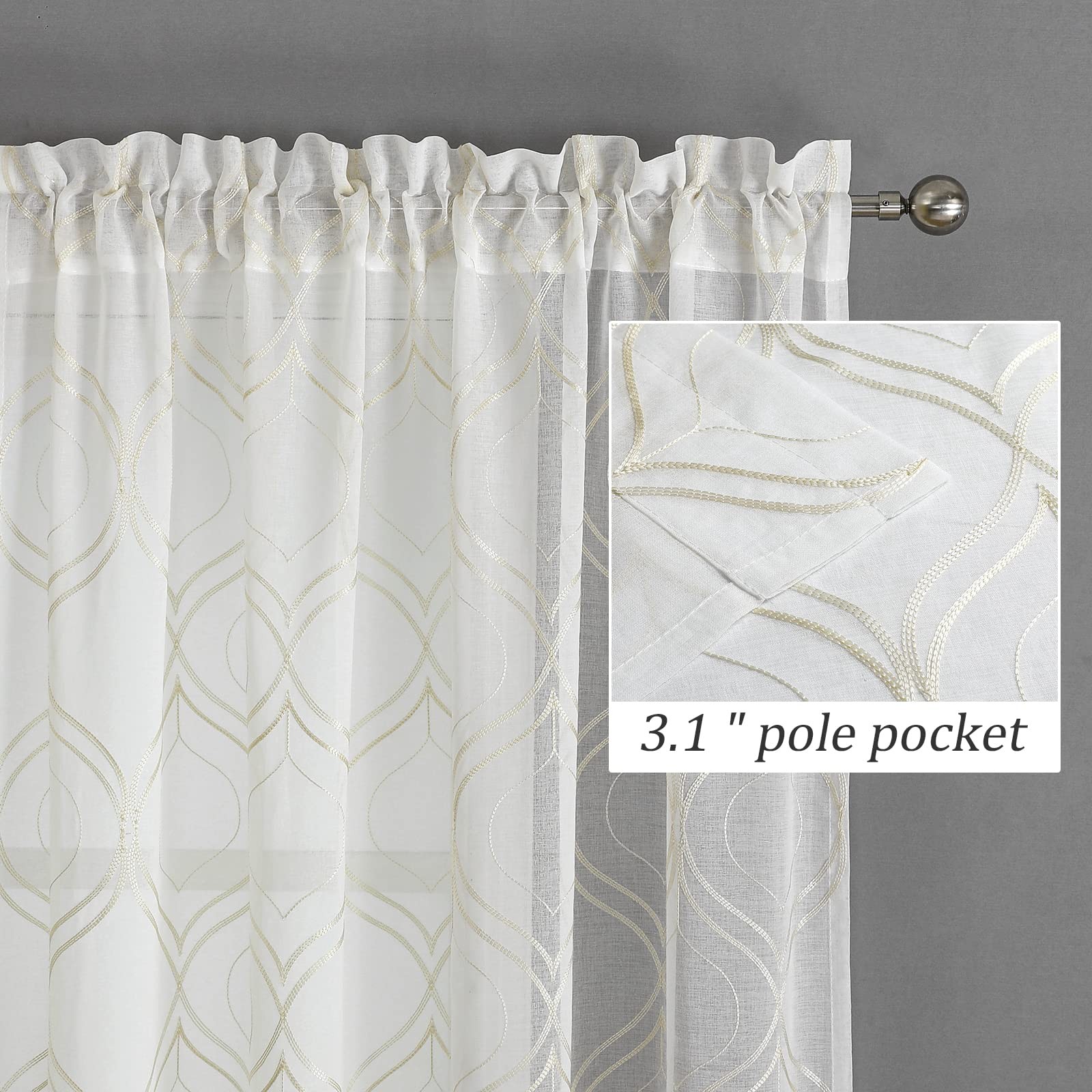 VISIONTEX Moroccan Embroidered White Sheer Curtains Panels, Decor French Texture