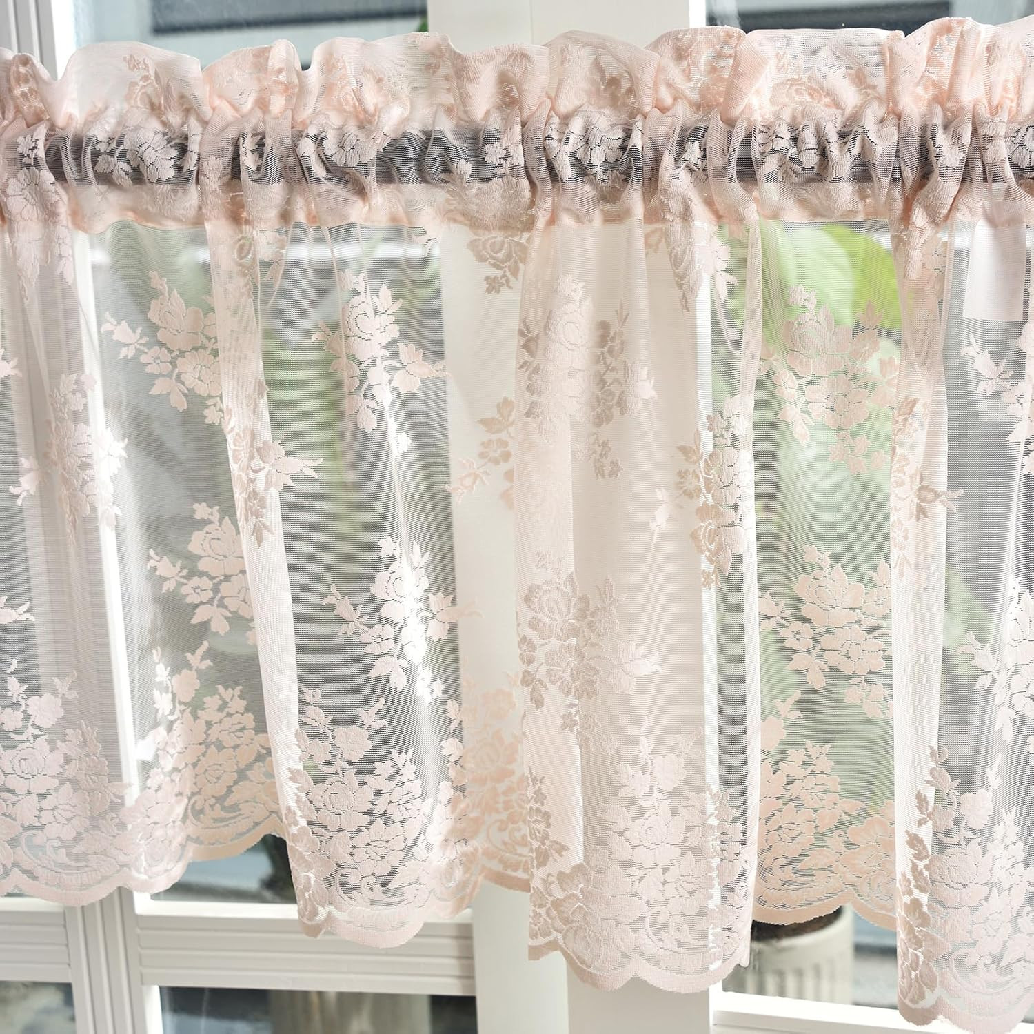 Blush Pink Sheer Valance Curtain for Windows, Country Rustic Floral Farmhouse Sh