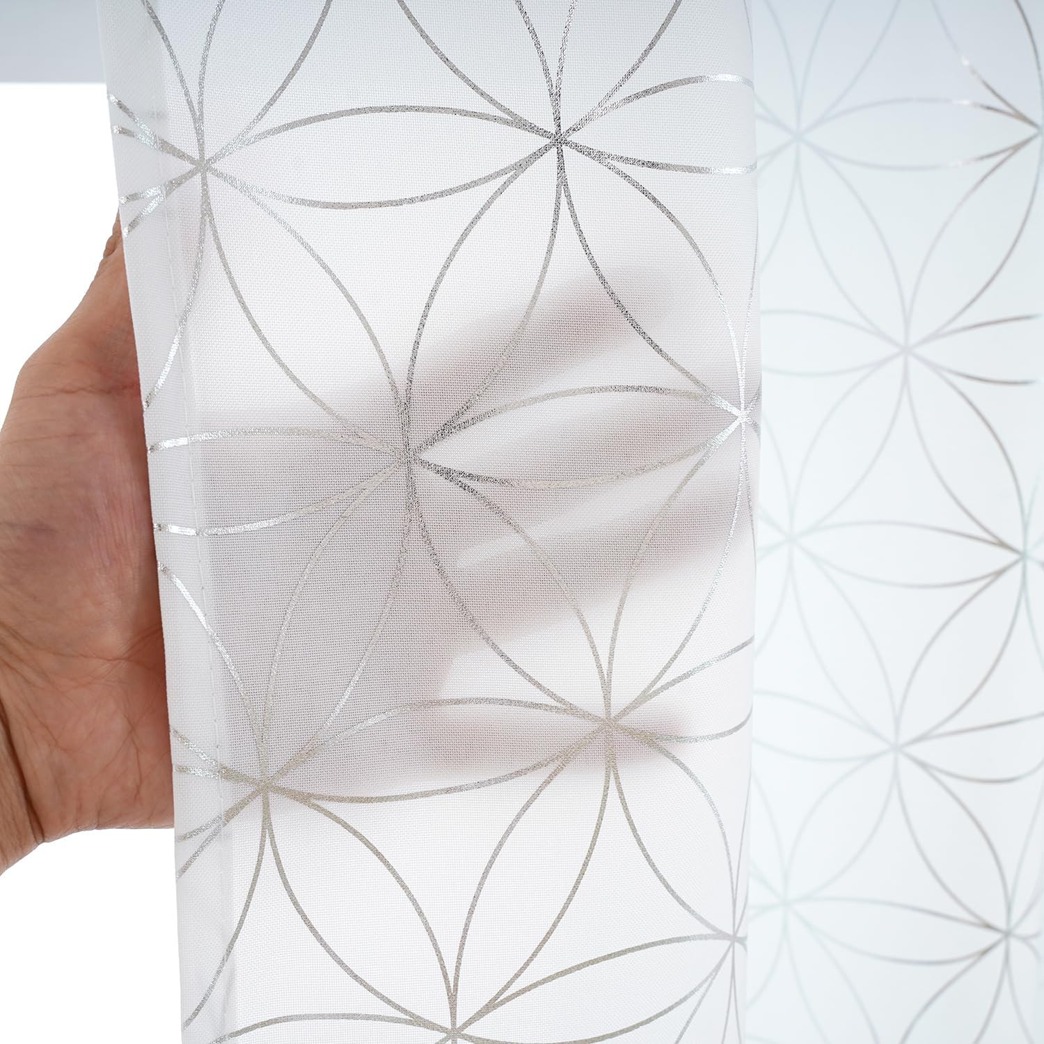 Exclusive Silver Linen Grommet Curtains, Unique Metallic Moroccan Tile Foil Prin