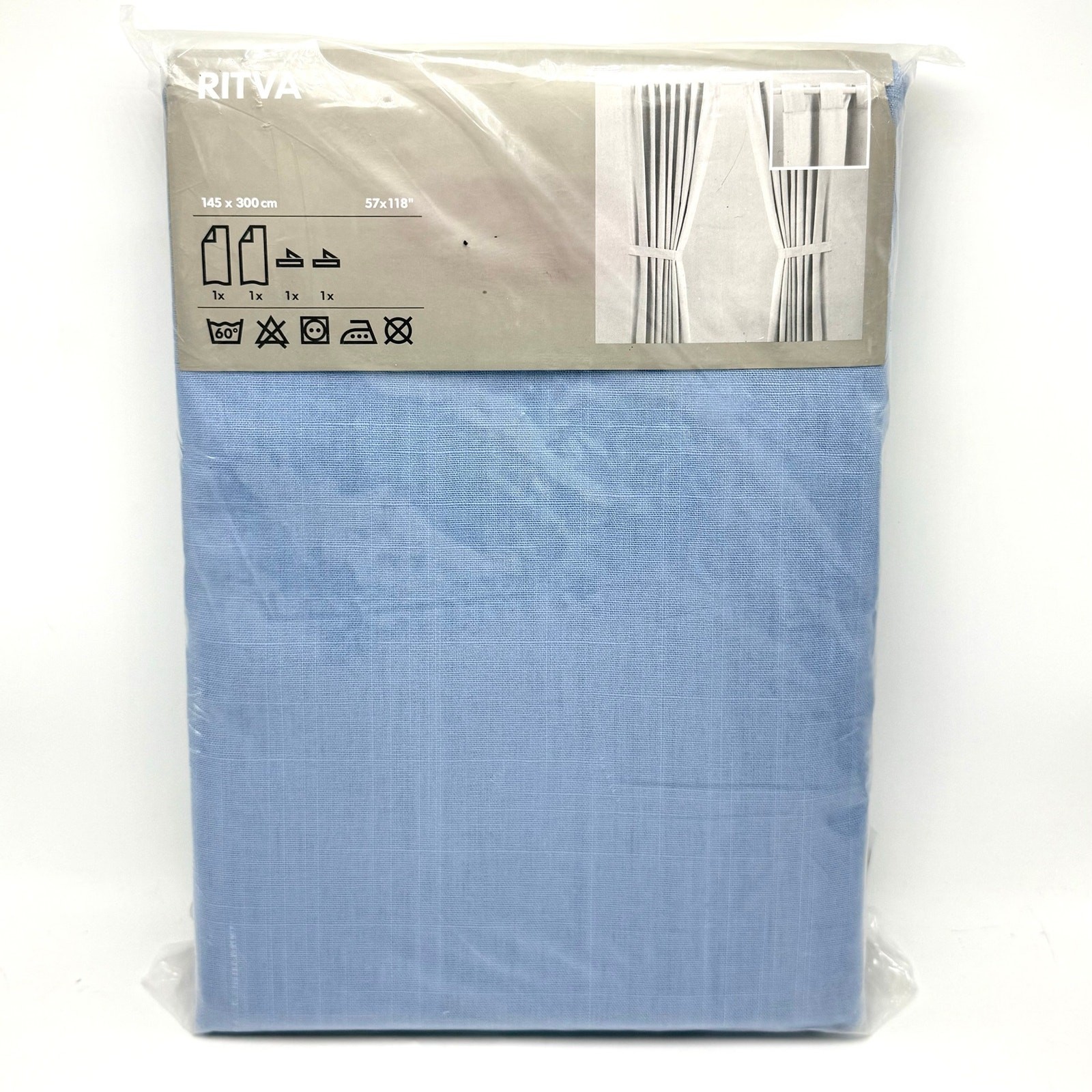 IKEA Ritva Light Blue Curtains w Tie Backs 57×128” Cotton Panels Pair Set of 2