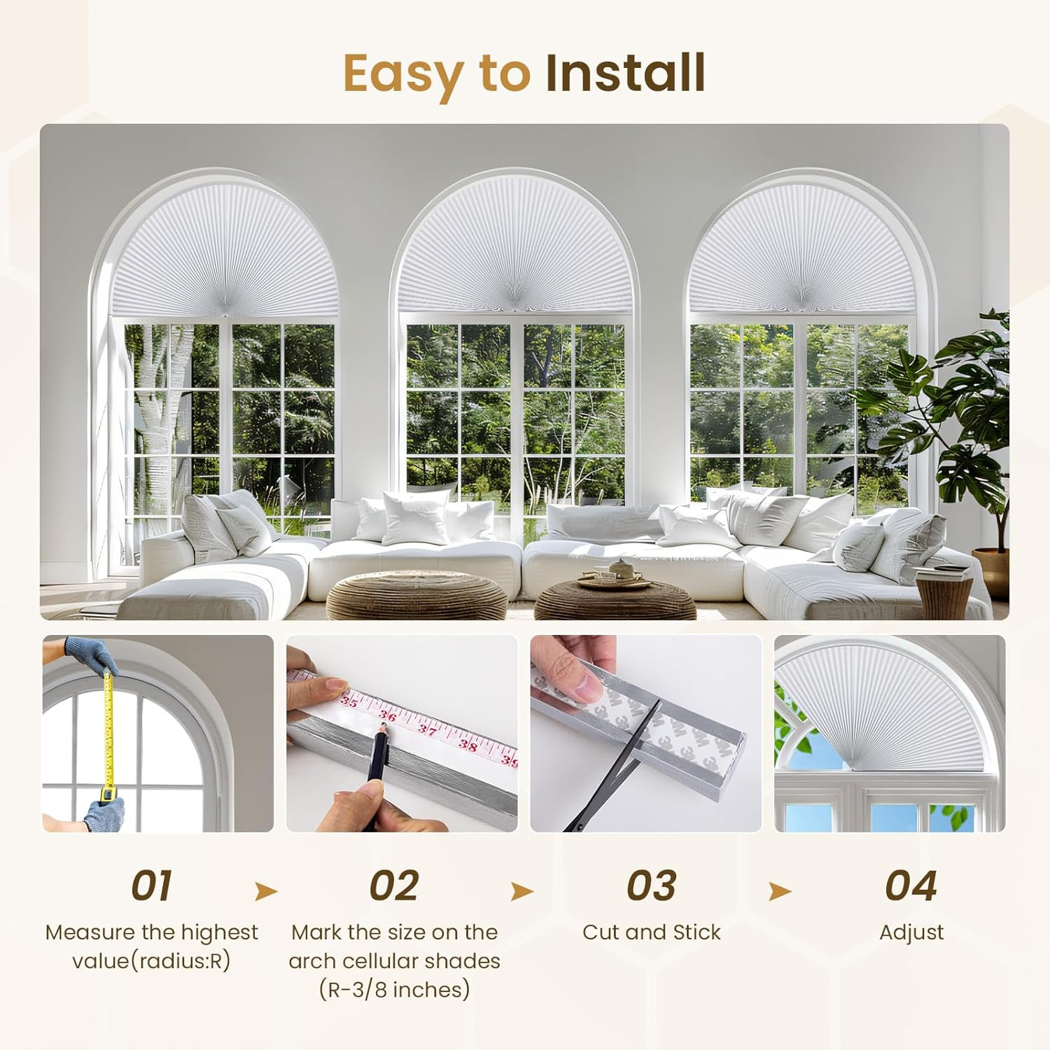 No-Drill Honeycomb Blackout Shades for Half Circle Windows, 48″x24″, White