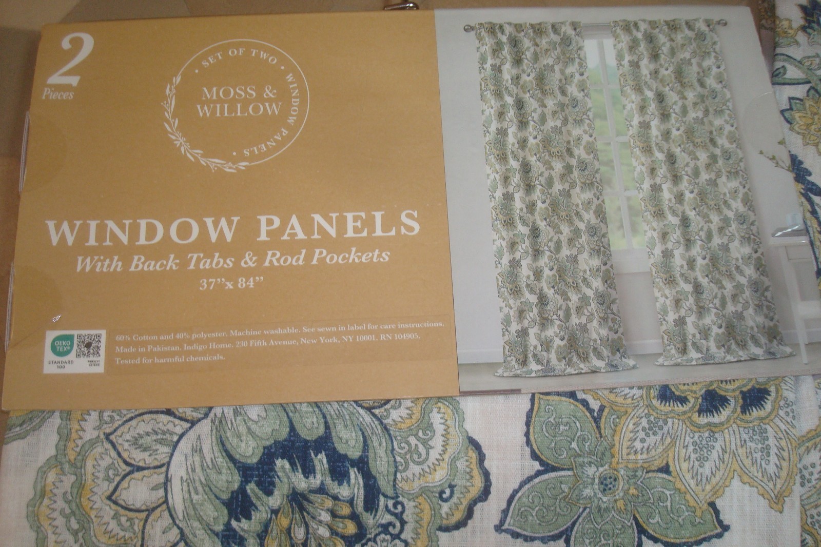 NWT Moss & Willow 2 pc Curtain Panels Floral Cotton blend Blue Green 84″ lg