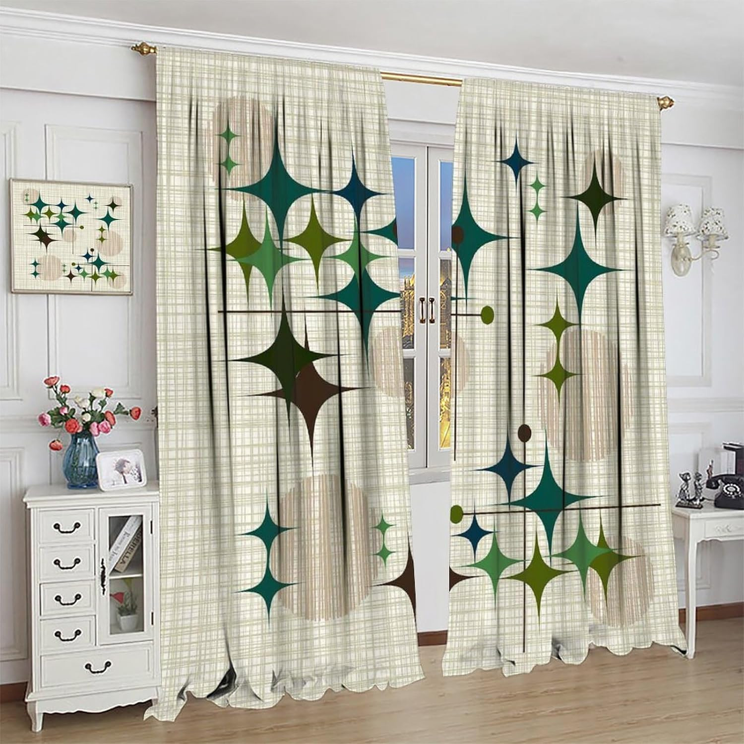 Mid Century Starbursts Window Curtain, Atomic Inspired Print Curtains for Living