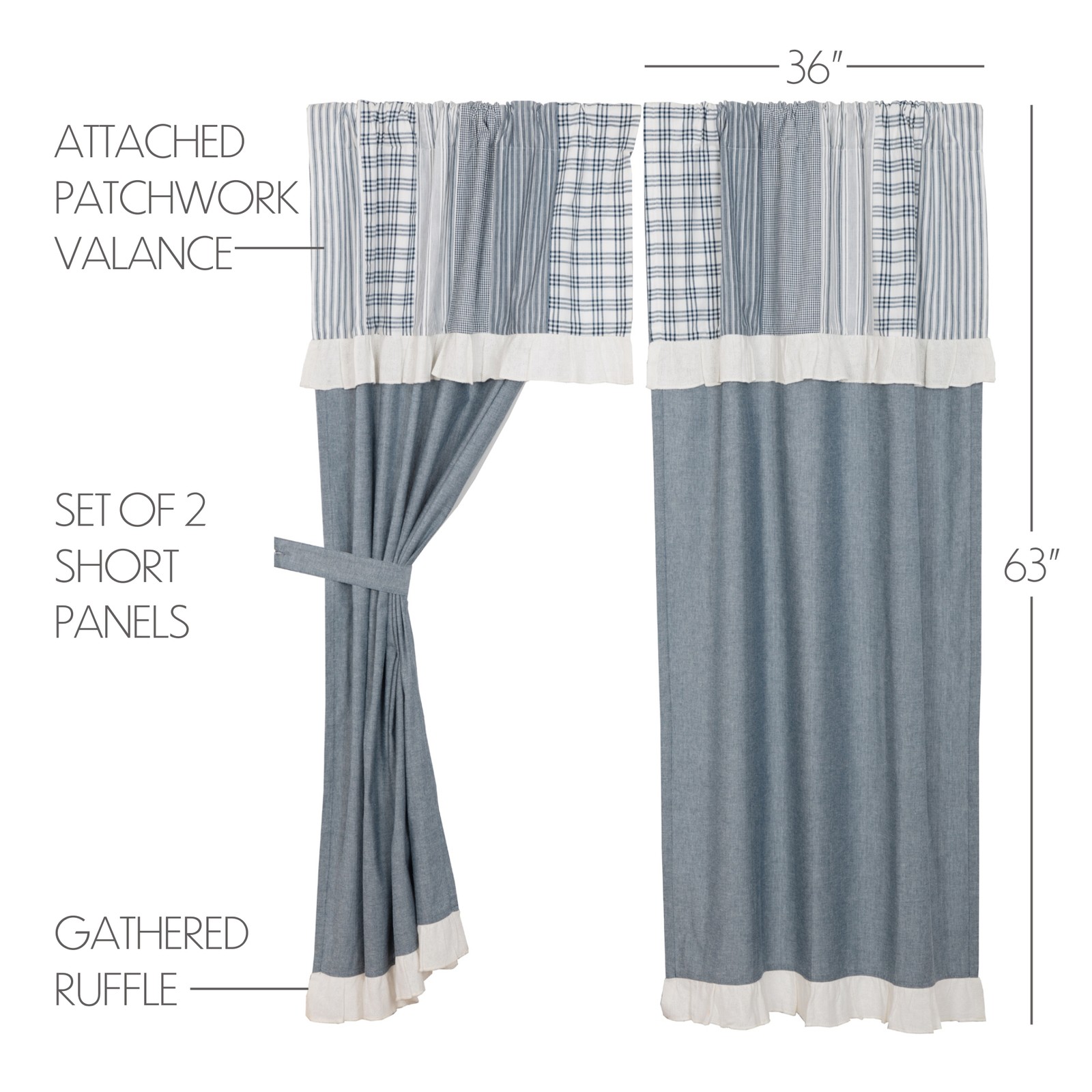 VHC Brands Farmhouse 63″x36″ Panel Pair Blue Rod Pocket Sawyer Window Curtains