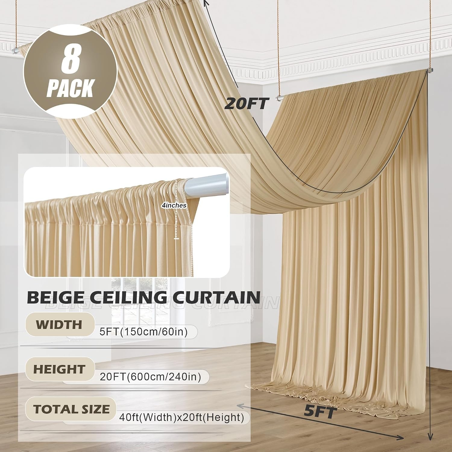 40 ft×20 ft Beige Ceiling Curtain Drapes for Weddings Parties,Wrinkle Polyester