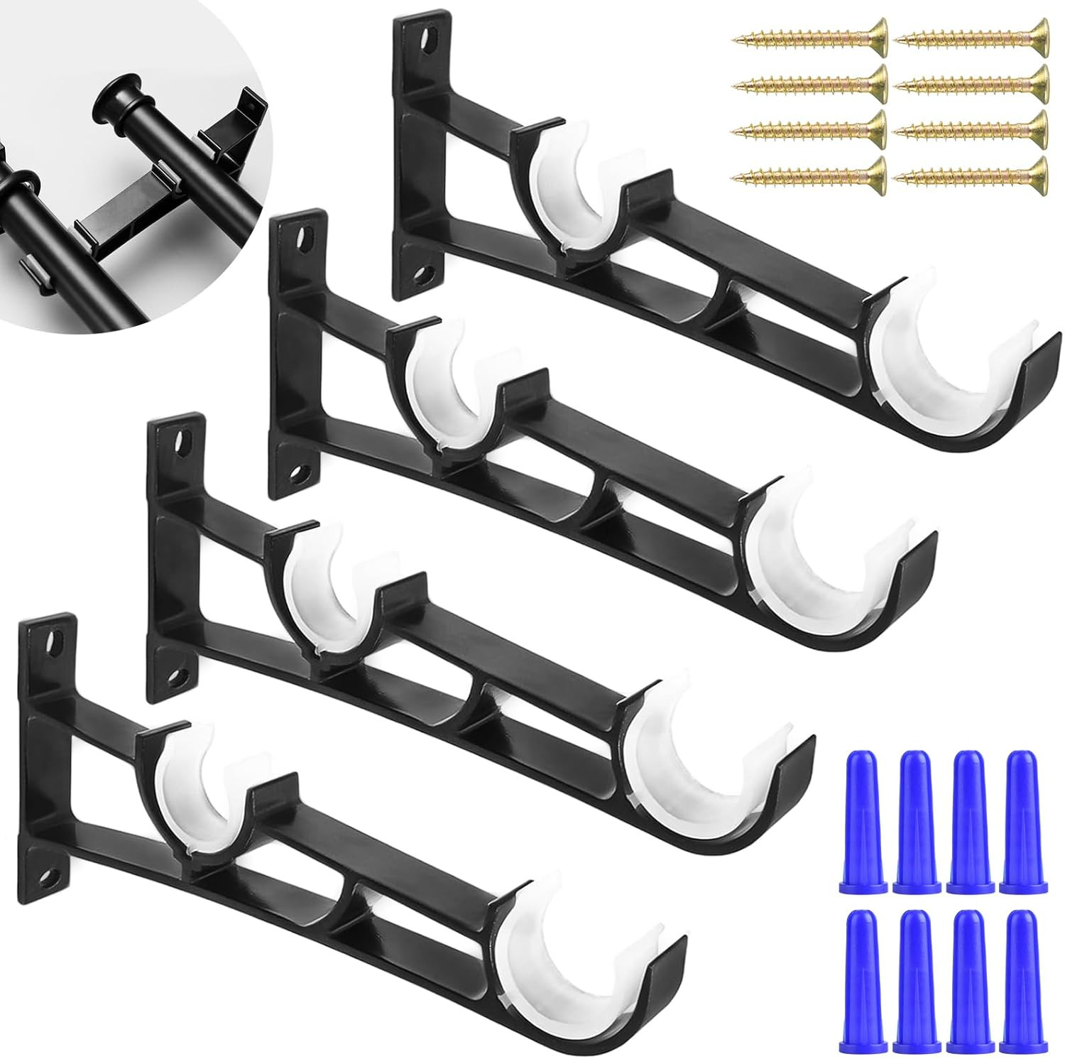 4 Pieces Double Curtain Rod Hooks Heavy Duty Double Curtain Rod Bracket Rod