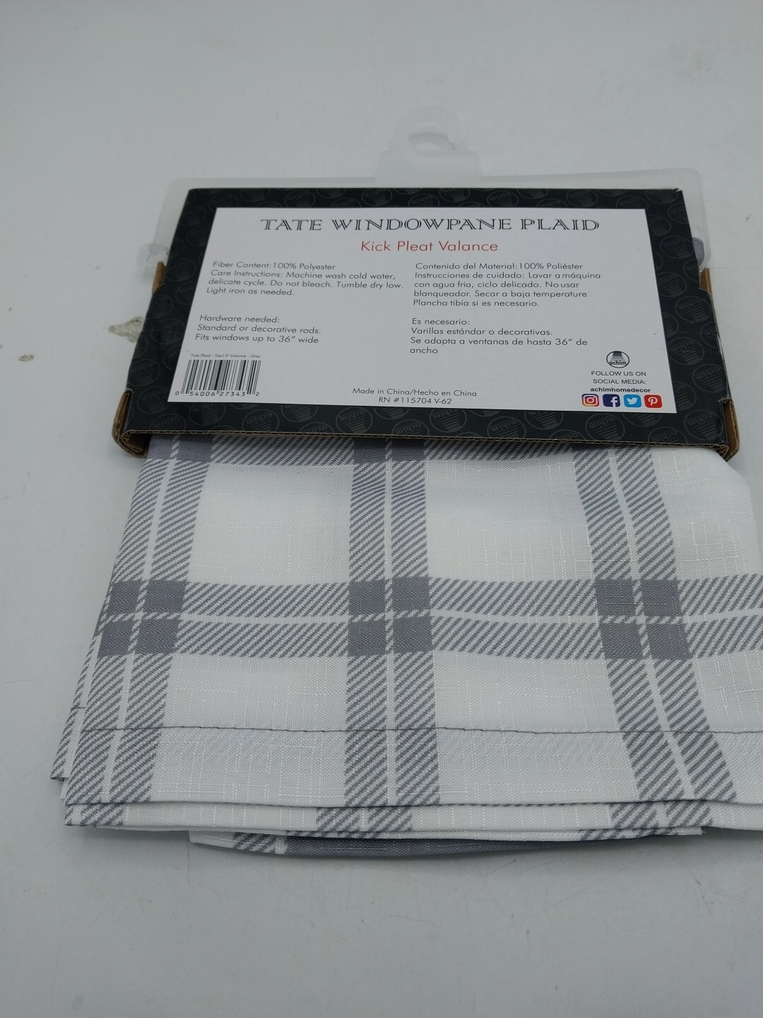 Tate Windowpane Plaid Kick Pleat Valance Curtain 56in W x 13in L