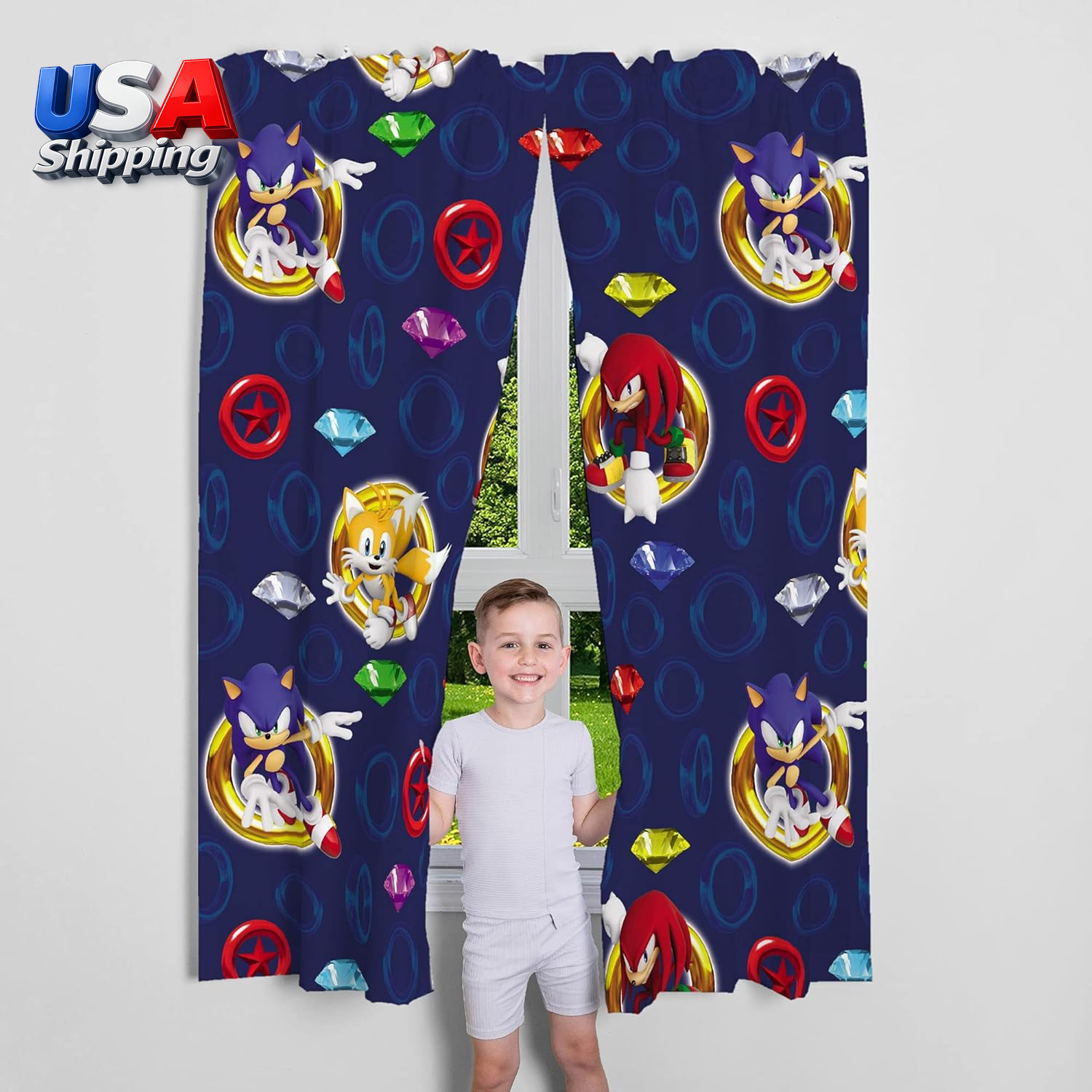 Kids Room Window Curtains Drapes Set, 82 in X 63 In, Sonic the Hedgehog, Anime