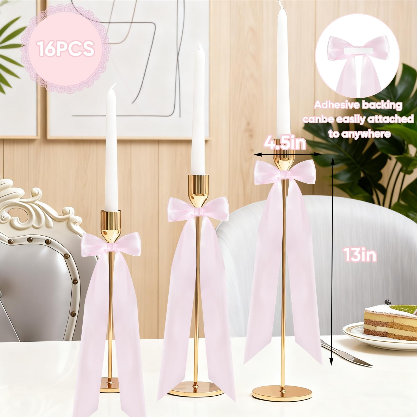 Large Pink Bow for Coquette Room Decor, 16 Pcs 3×13 in+1Pcs 47×24 in Big Sati…