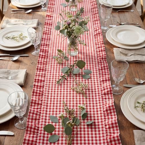 1 Pcs Plaid Gingham Ruffle Table Runner 118 x 13.8” 118 x 13.8 Inch Red