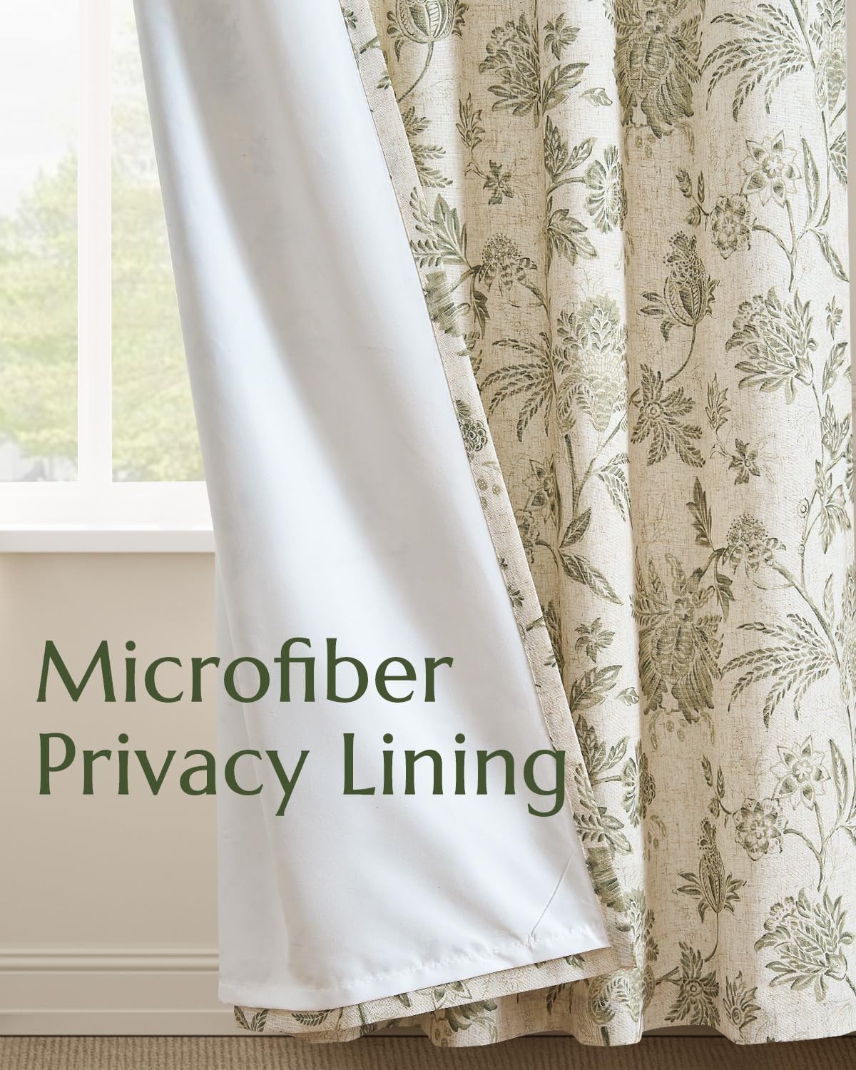 84″ Floral Linen Blackout Curtains Living Room Lined Farmhouse Room Darken Green