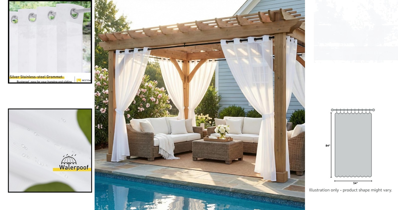 Stylish Outdoor Window Treatments, Waterproof Sheer Panels – 54×84 Inch, White