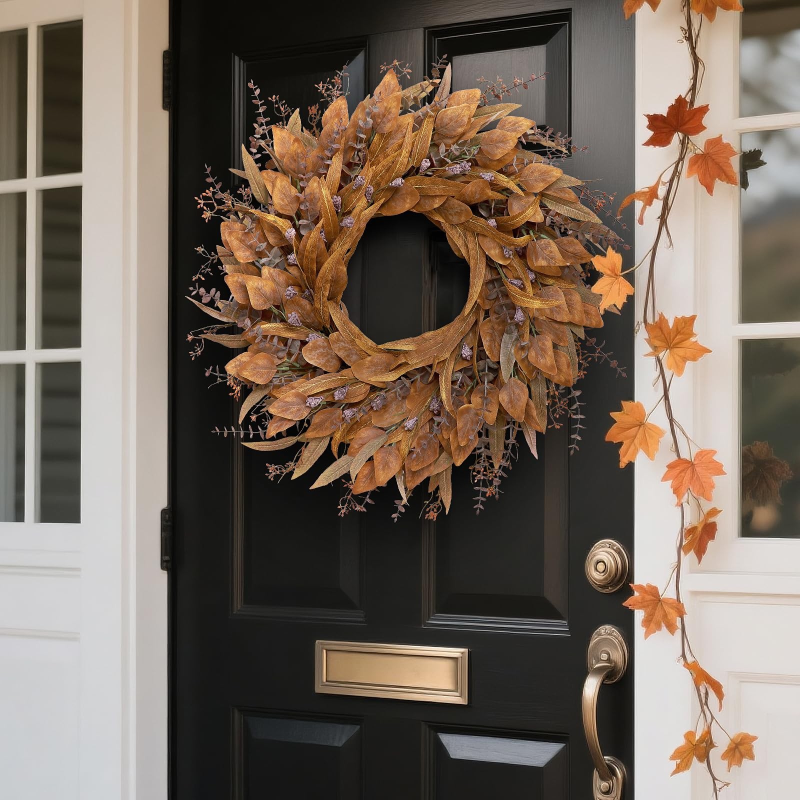 26” Eucalyptus Wreath for Front Door – Autumn Large Artificial 26 IN, Orange