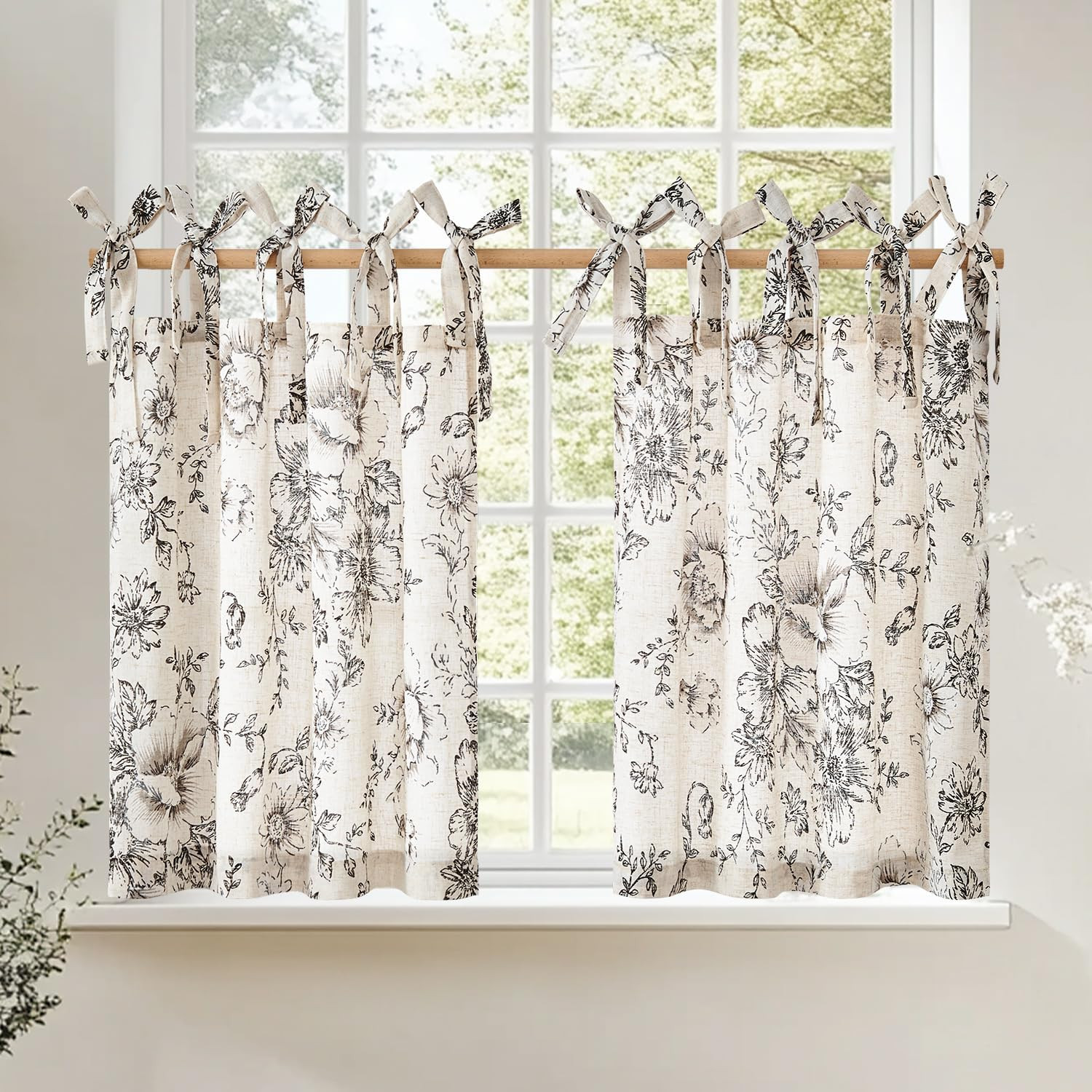 jinchan Floral Linen Tier Curtains 24 Inch Farmhouse Cafe Curtains Tie Top Botan