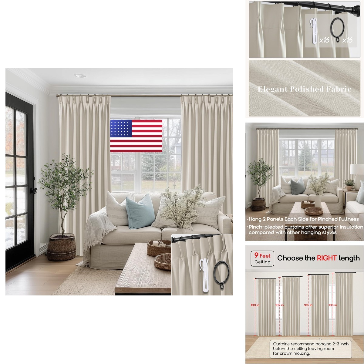Shineland Oatmeal Beige Linen Blackout Curtains 108 Inches Long Pinch Pleated