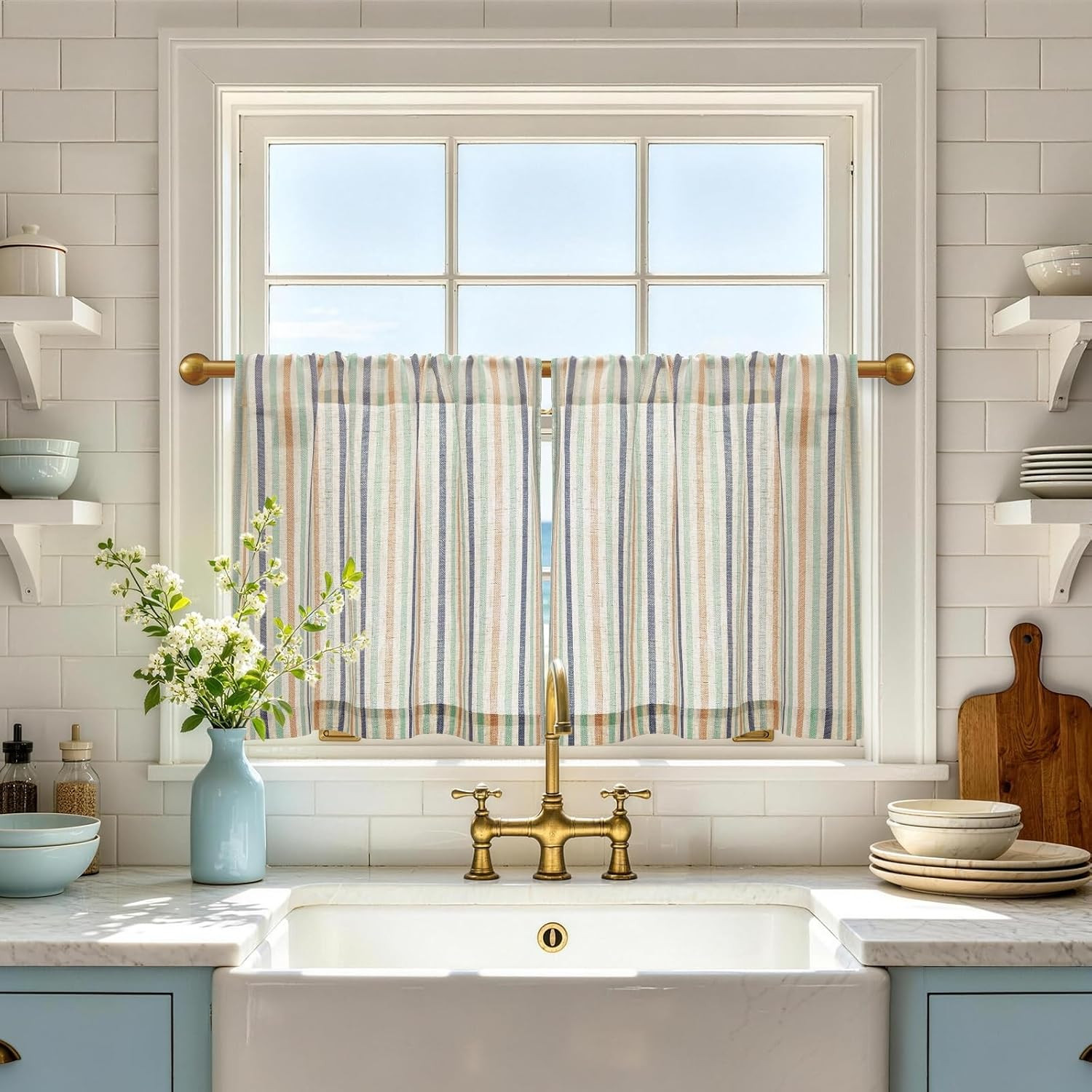 Striped Linen Kitchen Tier Curtains, 20 Inch, Coastal, 2 Panels | Light-Filterin