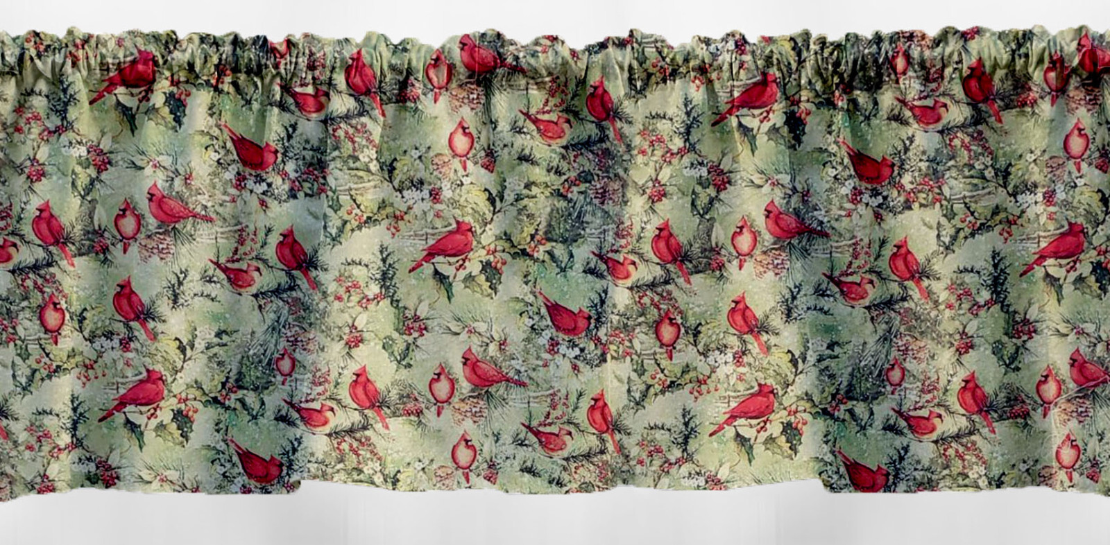 Cardinals Holly Evergreen Christmas Valances, Curtains or Swags