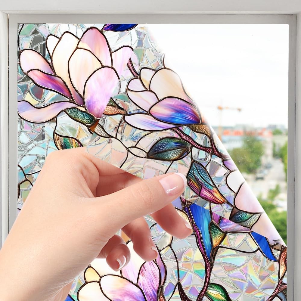 Flower Stained Glass Window Film Decorative Static Cling Stickers Sun Blocking R