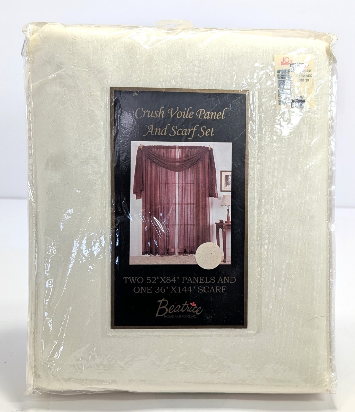 Ivory Crushed Voile Curtain Panel Set 52×84 + 36×144 Scarf Beatrice NIP