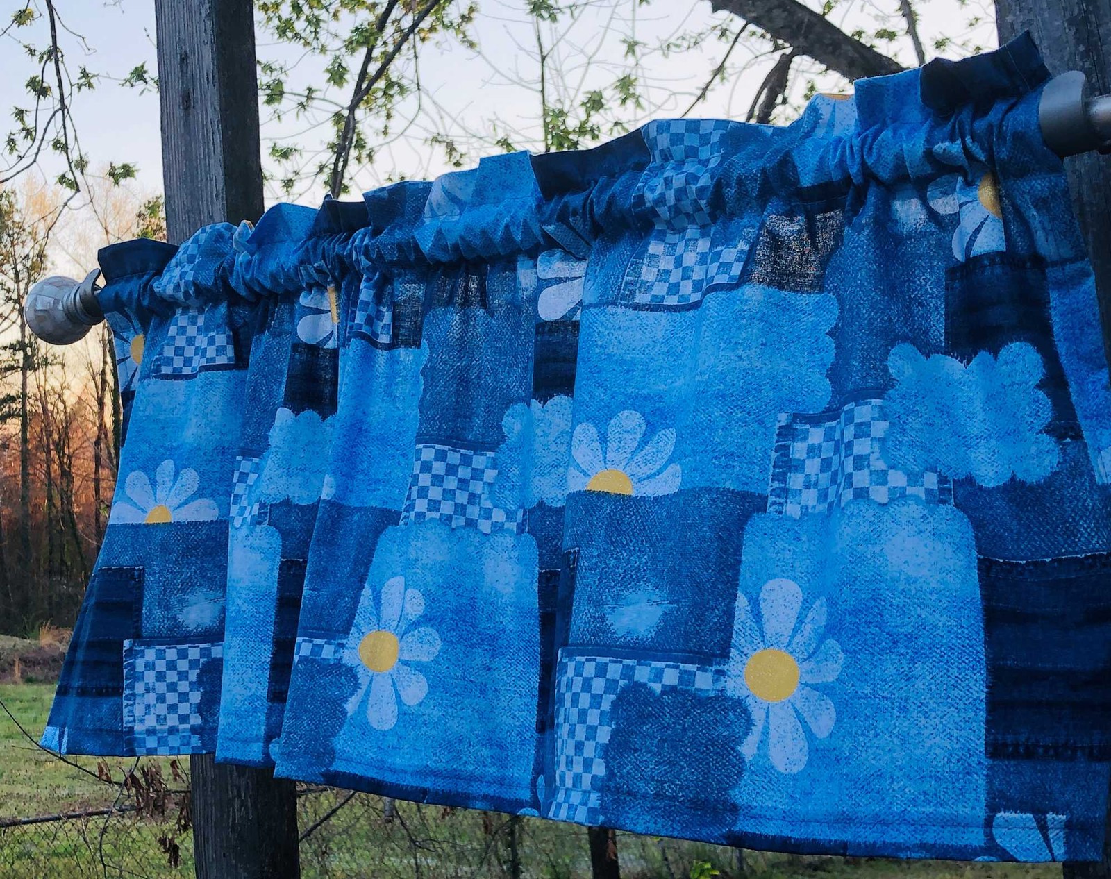 Blue Patchwork Valance Daisy Wildflower Boho Kitchen Farmhouse Curtain t10/3