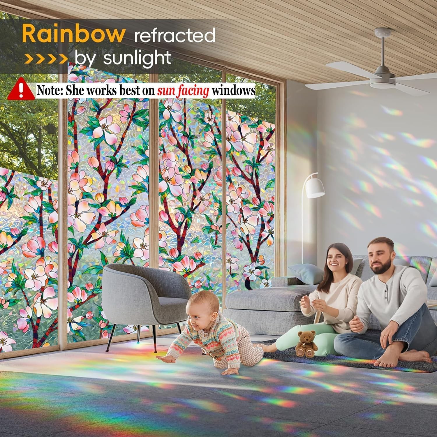 Rainbow Privacy Window Film, 3D Stained Glass Decals, Static 17.5 x 78.74 inches