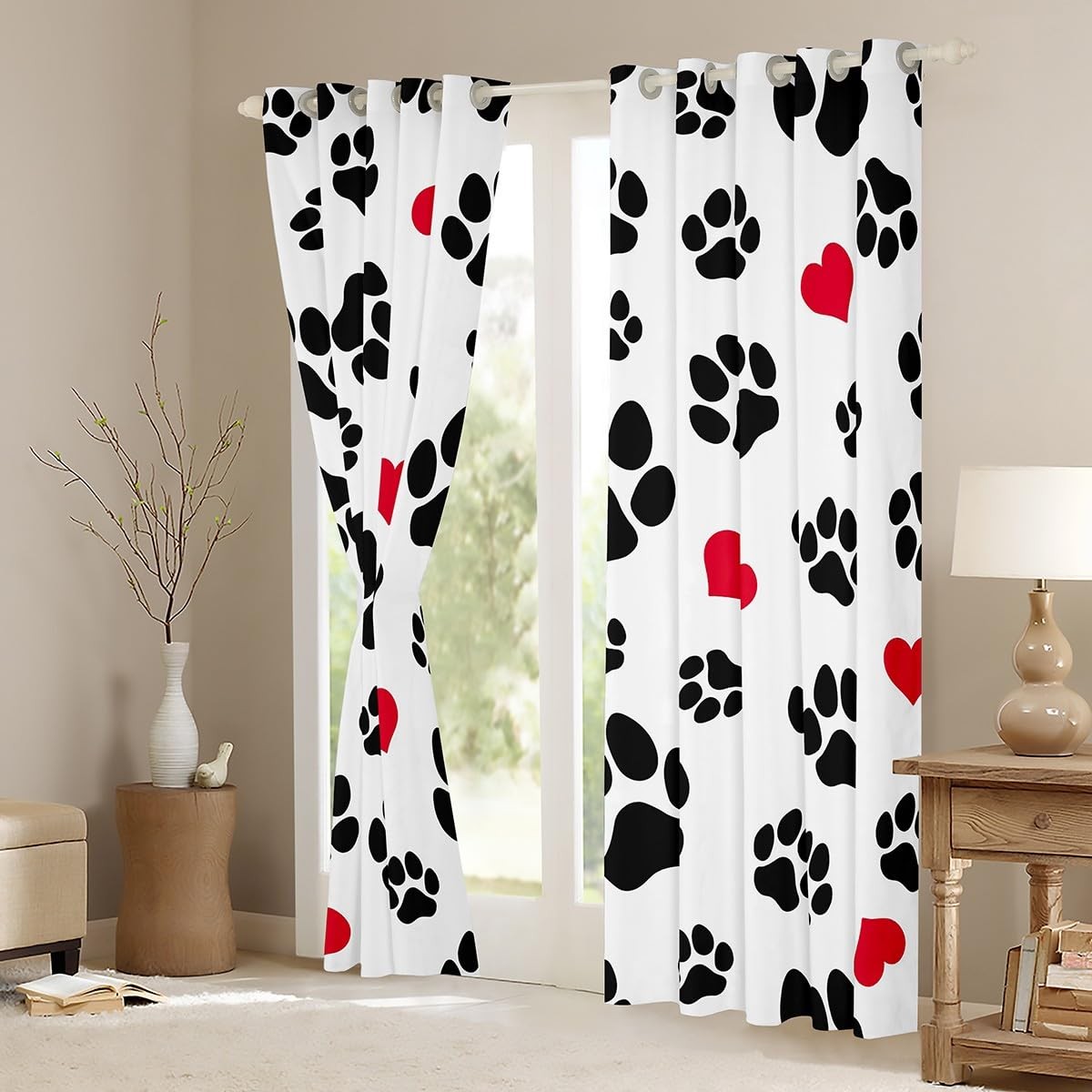 Black Footprints Blackout Curtains Dog Paw Cat Paw Heart Love Puppy Feet Prin…