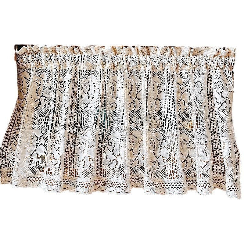Vintage Hand Crochet Lace Rose Flower Curtain Tiers Kitchen Cafe Valance Drapes