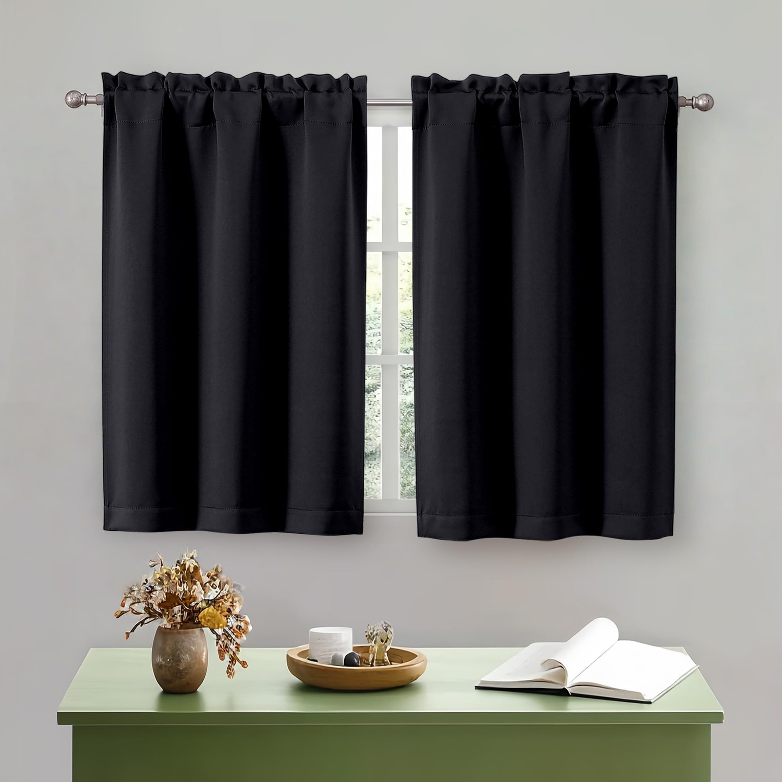 OWENIE Black Kitchen Curtains 36 Inch Length, 30″W x 36″L (Pack of 2),