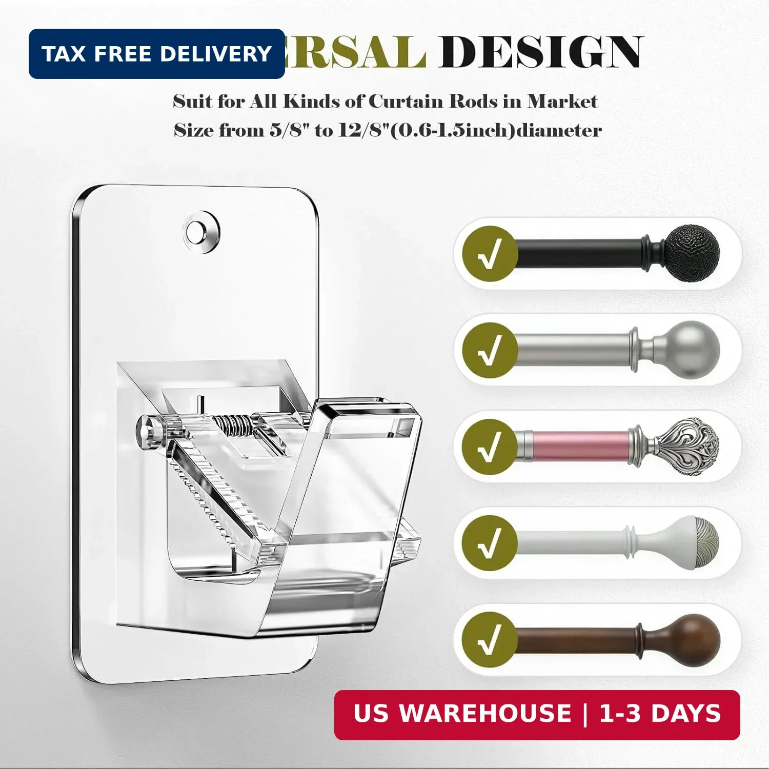 No Drill Curtain Rod Brackets, Universal Curtain Rod Holder, 4 Pack Self Adhesiv