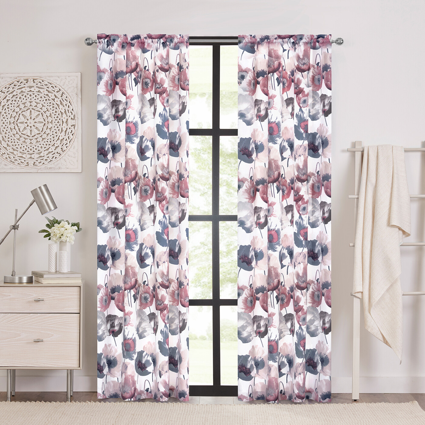 Floral Modern Room Darkening Window Curtain, Pleated Rod Pocket Valance, Blush