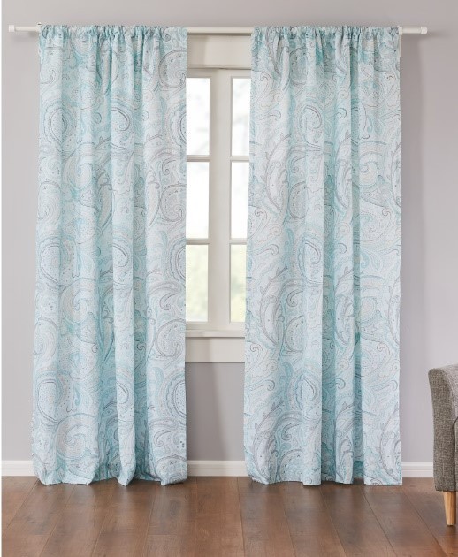 New Levtex Spruce Spa Lined Curtain Panel 55×84 Pale Aqua Blue Paisley Cotton