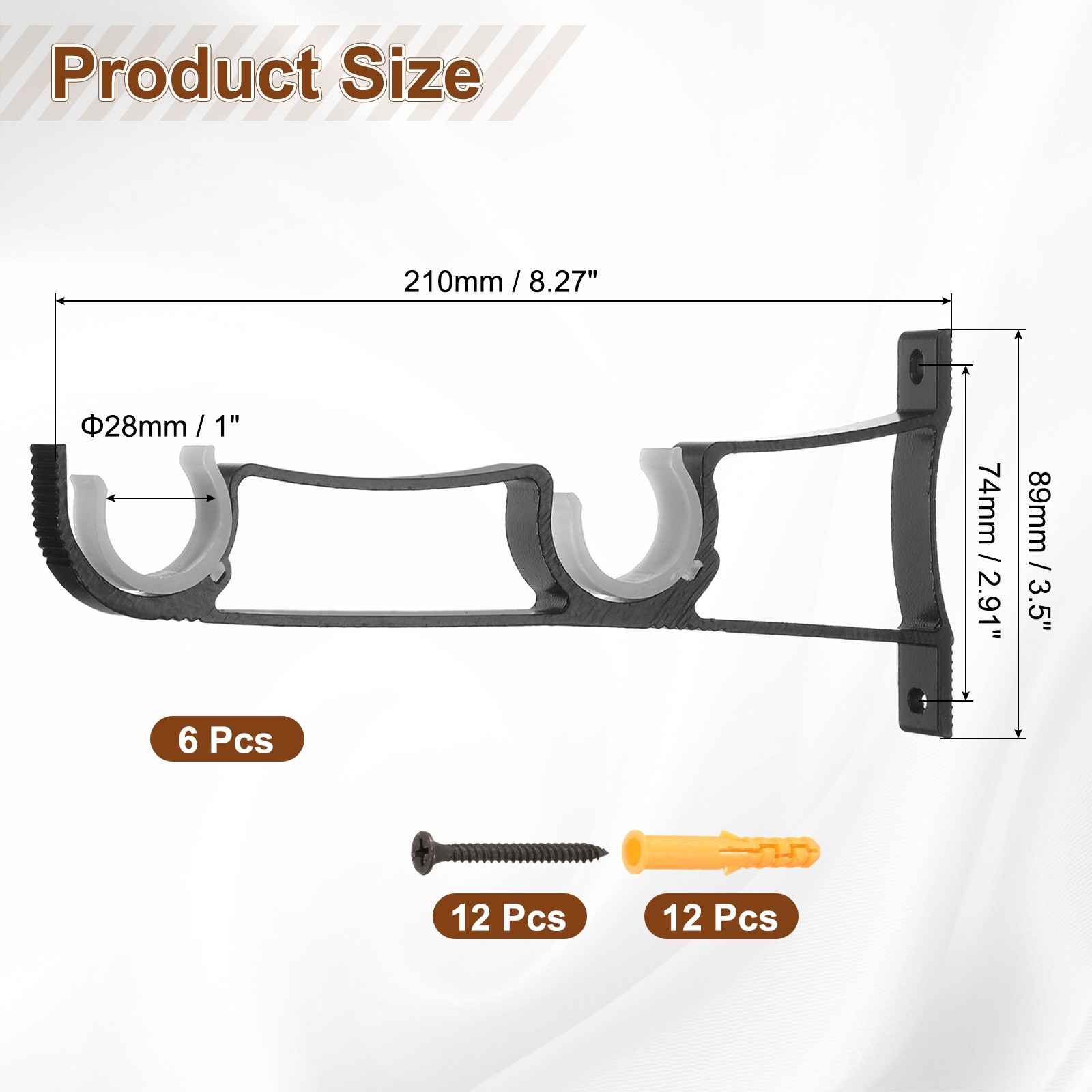 6Pcs Curtain Rod Brackets 210mm Double Drapery Holders for 1″ Rod Black