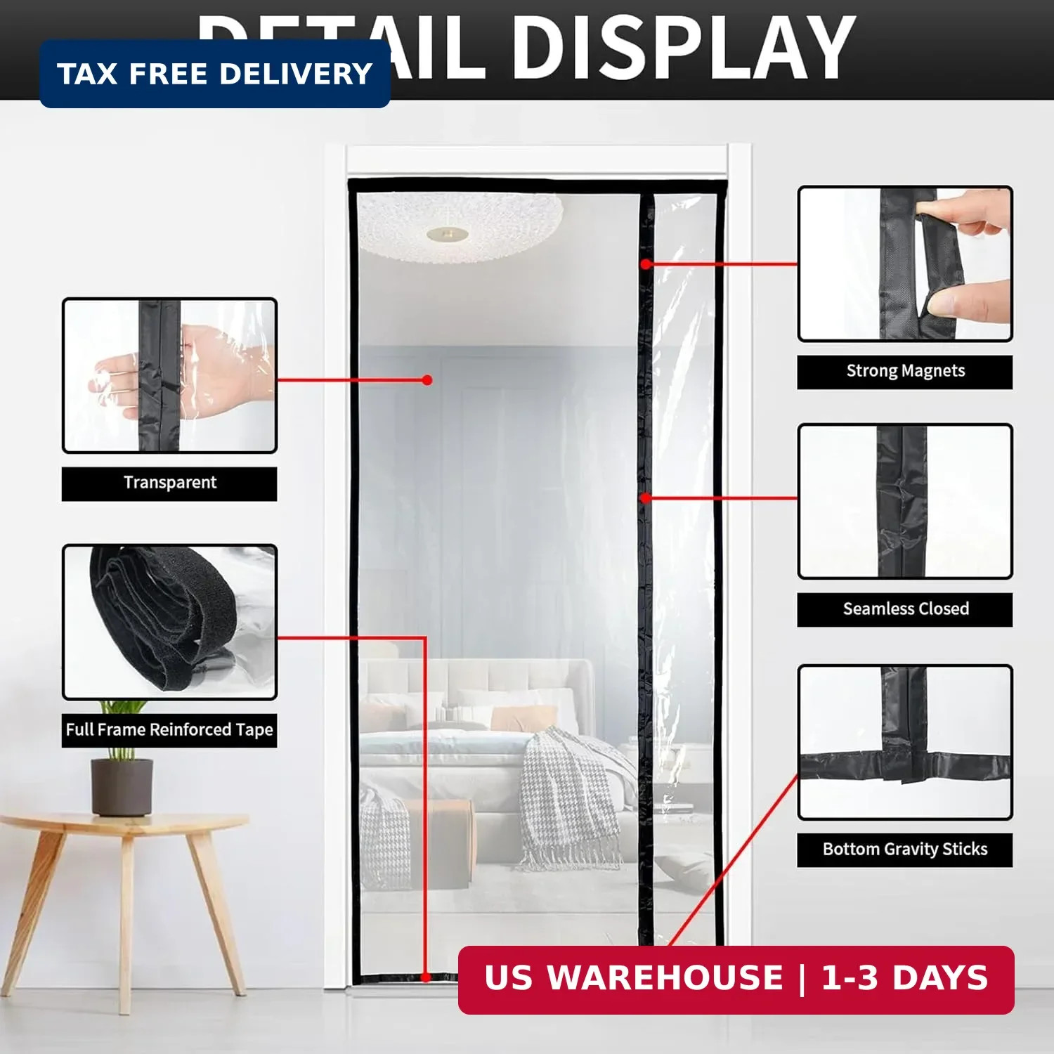 Transparent Reversible Left or Right Side Opening Insulated Door Curtain, Magnet