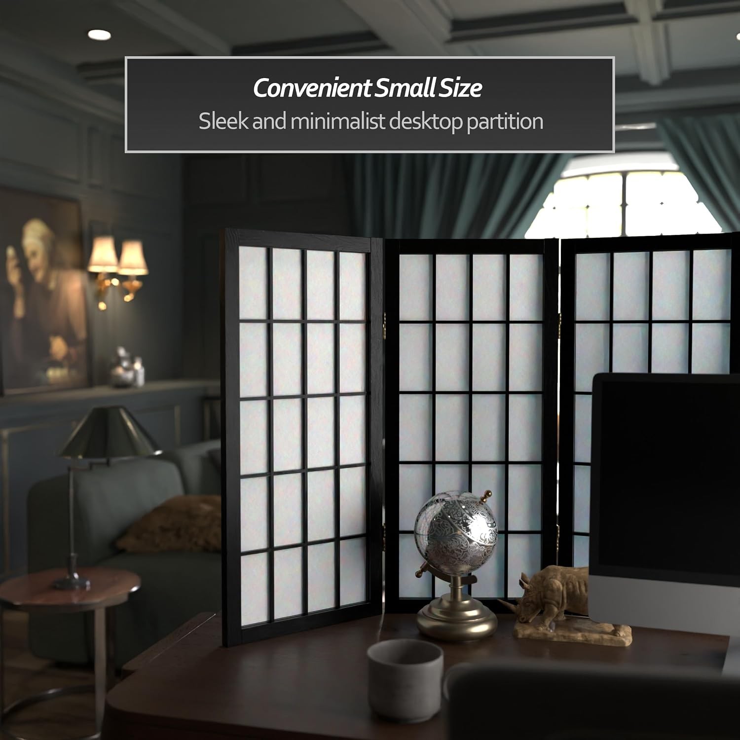 2 ft. Short Desktop Window Pane Shoji Screen – Black – 6 Panels