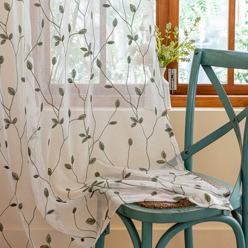 2 Panels Embroidered Leaf Pattern 53″W x 84″L (Pack of 2) White Sage Green