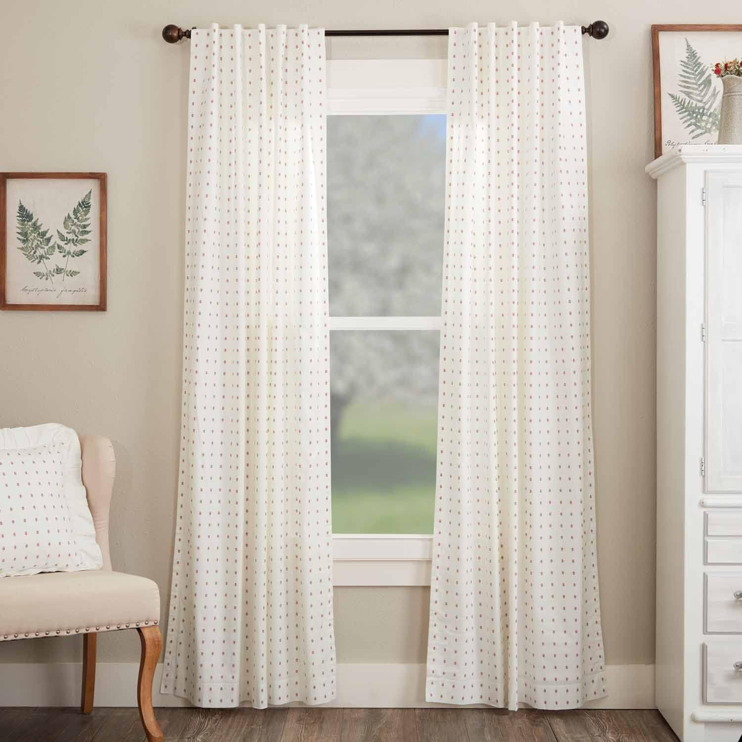 Abigail Ruffled Curtains Set of 2, 84″ Long, Off White with Red Dots