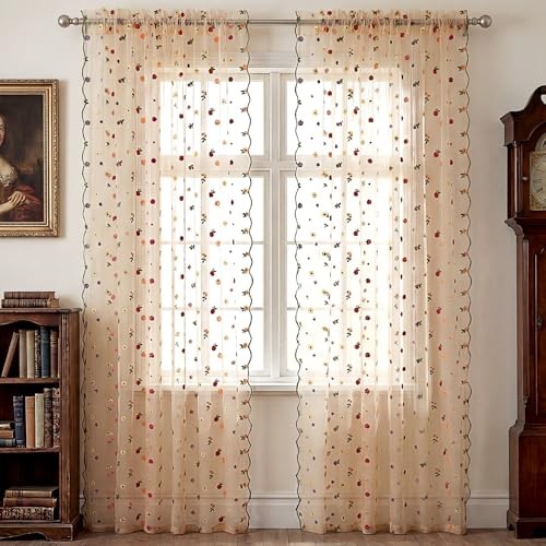 Gilprop Floral Sheer Curtains for Window Champagne Embroidery 52 x 96 Inches