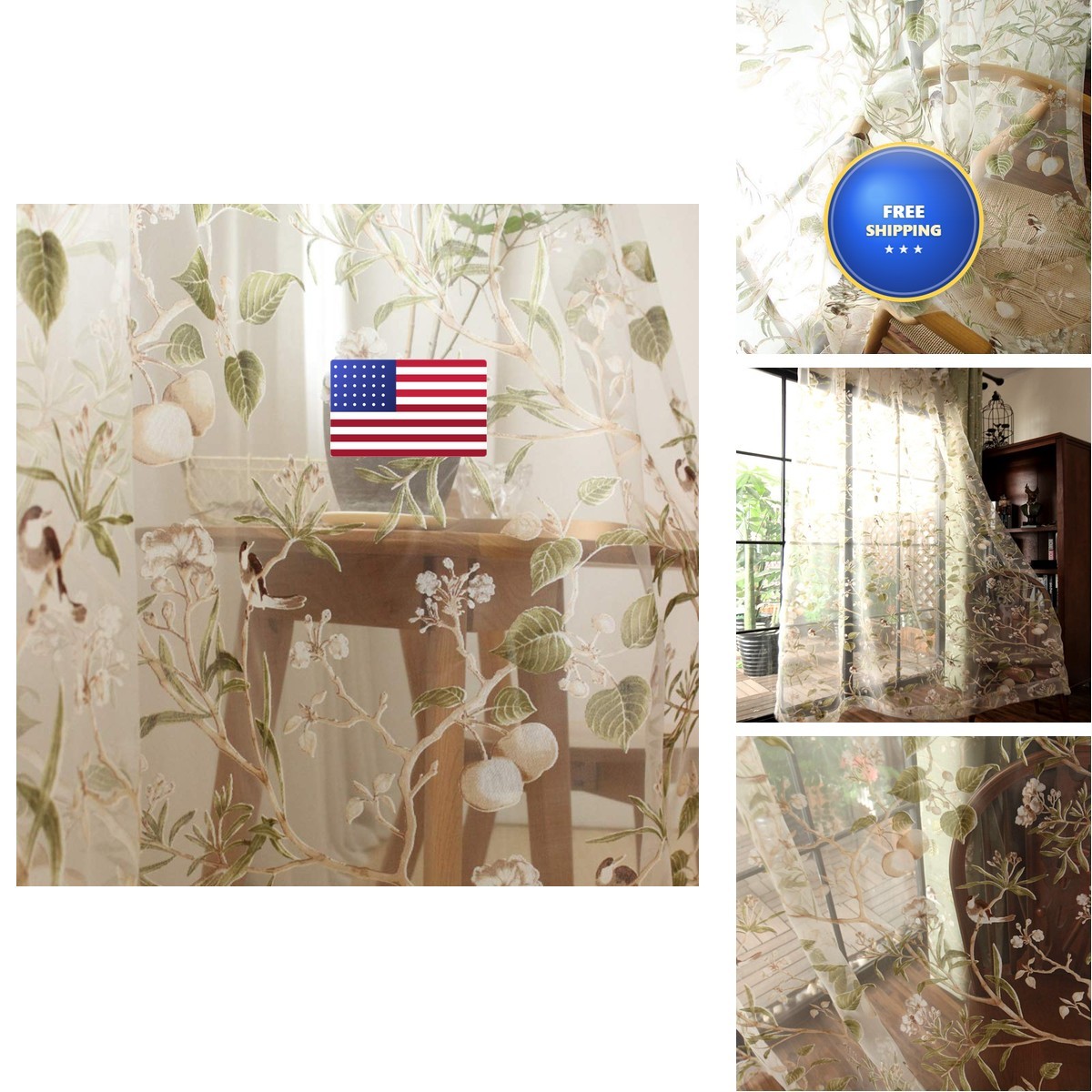 Yunsurey Botanic Birds Sheer Curtains 96 Inches Length Farmhouse Tulle Curtain