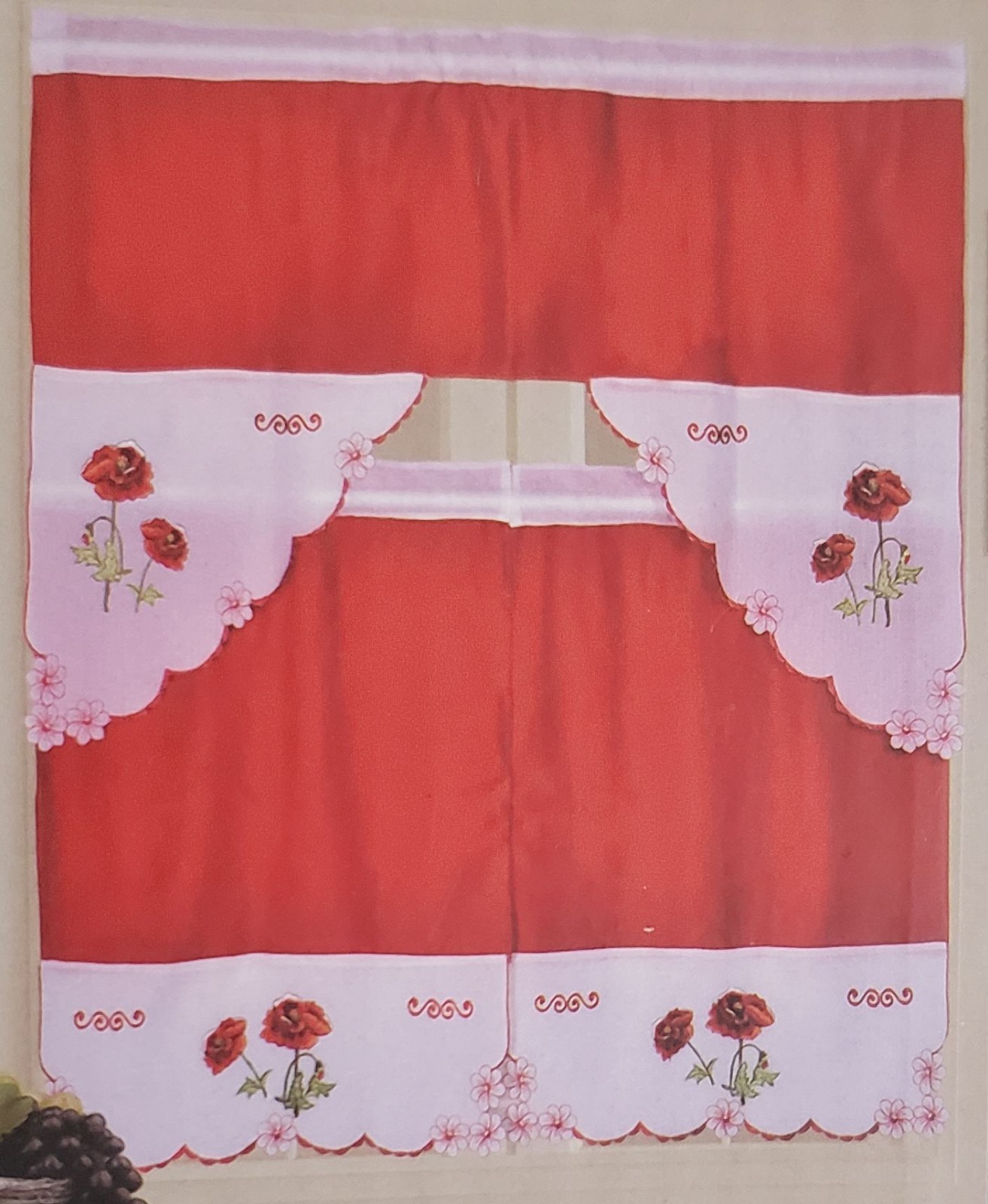 3pc. Embroidery Curtains Set: 2 Tiers & Swag(58″x36″) RED FLOWERS,DHALIA, Editex
